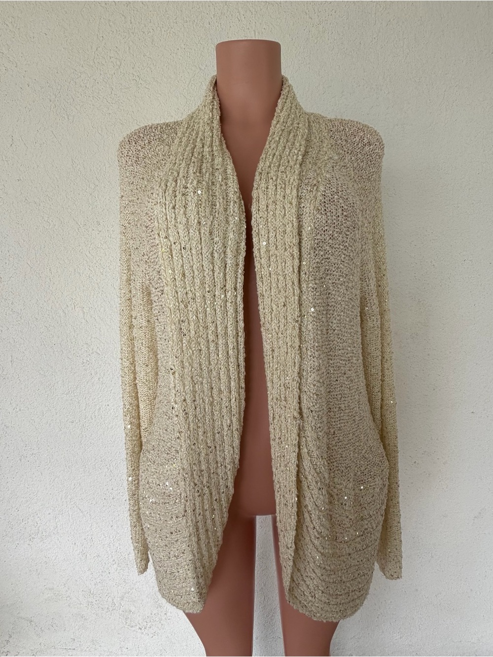 Chico's Cream Open-Front Sequin Cardigan